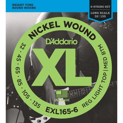 Струни D'ADDARIO EXL165-6 XL NICKEL WOUND BASS REG LIGHT TOP / MED BOTTOM 6-STRING (32-135)