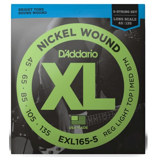 Струни D'ADDARIO EXL165-5 XL NICKEL WOUND BASS REG LIGHT TOP / MED BOTTOM 5-STRING (45-135)